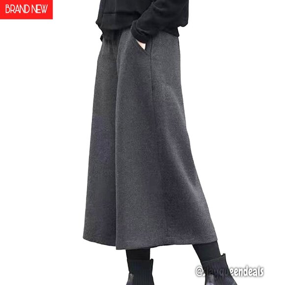 Wool Blend Cropped Wide Leg Pants High Waist Fall Winter Palazzo Trousers